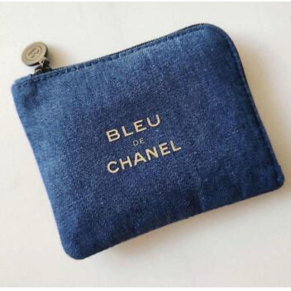 CHANEL Navy Denim Pouch with Gold Lettering Blue